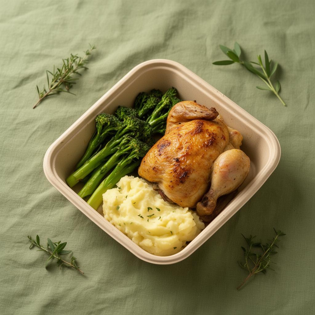 A freshly prepared meal of roast chicken, greens and mashed potato in an eco delivery box
